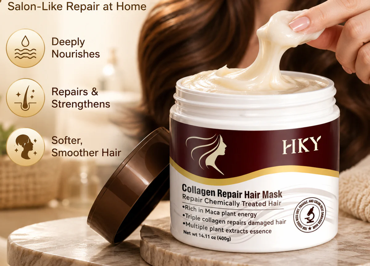 HKY Collagen Repair Hair Mask with model demonstrating the cream texture